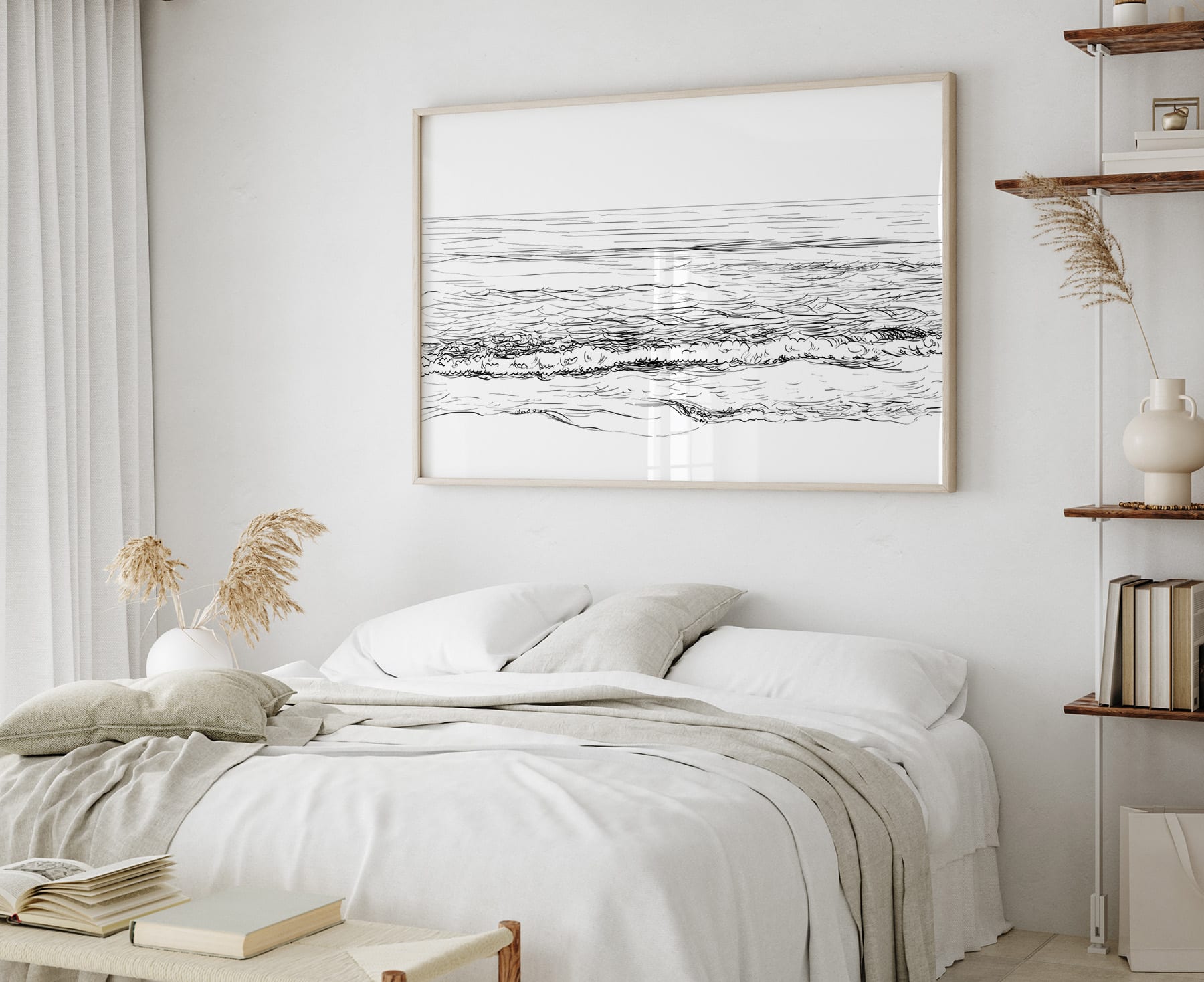 Schwarz-weißes Poster mit Meer im Schlafzimmer